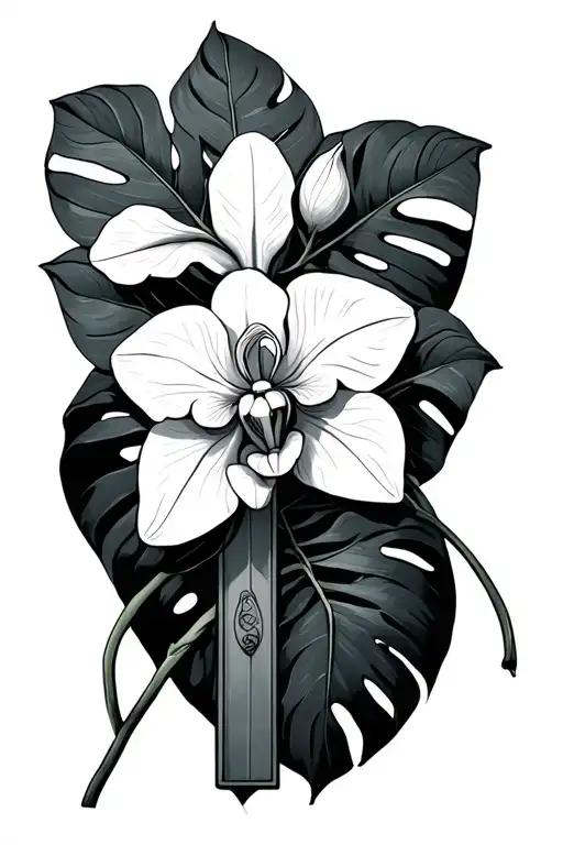 Monstera And Orchid Flower Wrapped Around A Cross
