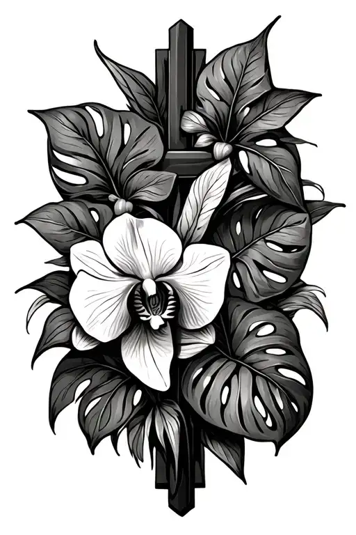 Monstera And Orchid Flower Around A Cross