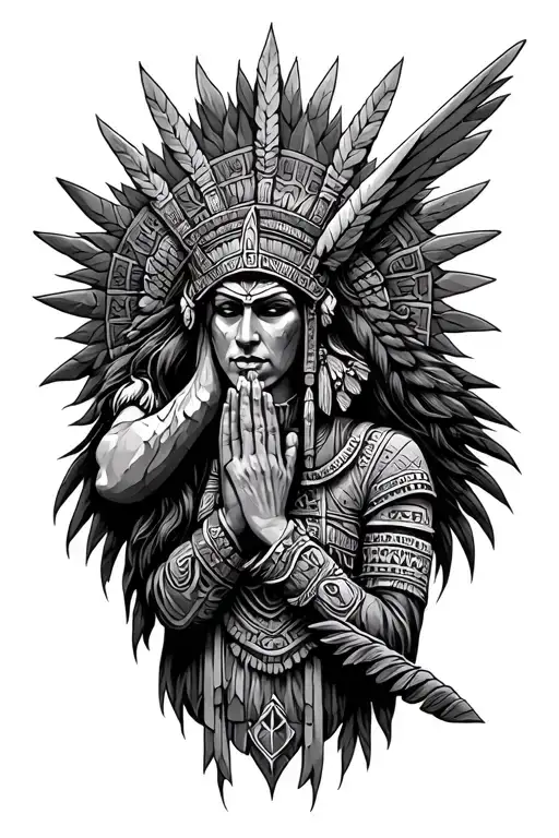 Praying Stone That Is Protected By A Valkyrie And An Aztec Shaman