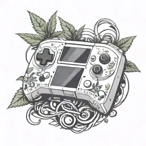 A Video Game Controller Intertwined With A Cannabis Plant And Music Notes