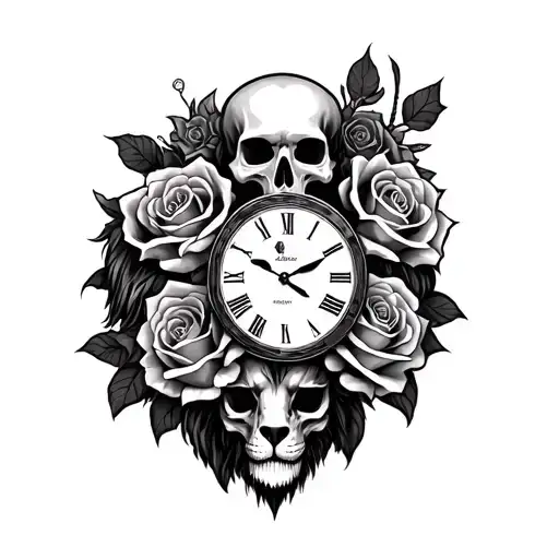 Half Sleeve Skull Roses Clock And Lion