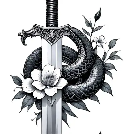 Sword And Snake And Flowers Intertwined