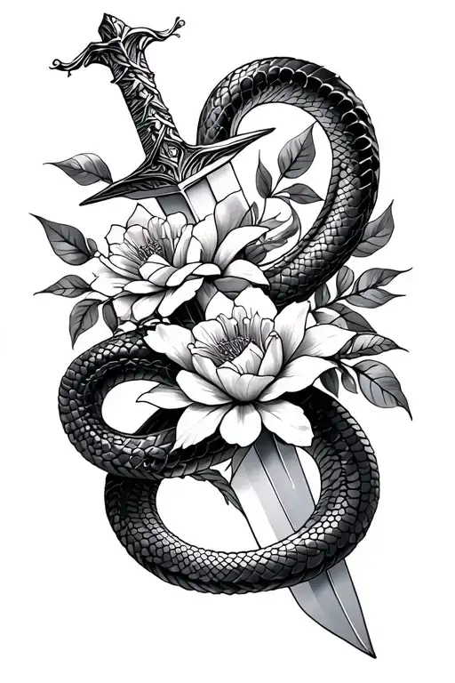 Sword And Snake And Flowers Intertwined