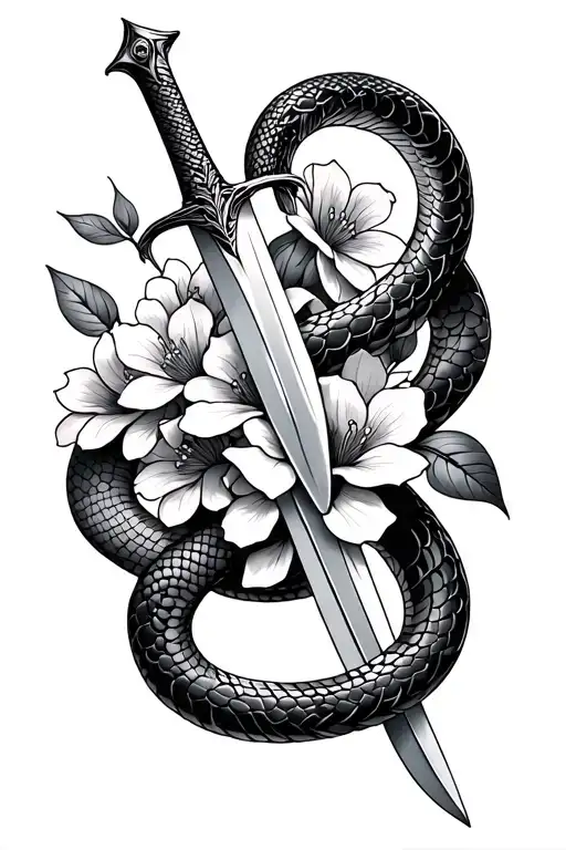 Sword And Snake And Flowers Intertwined