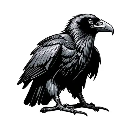 Traditional Black And White Raven In Front Of A Vulture
