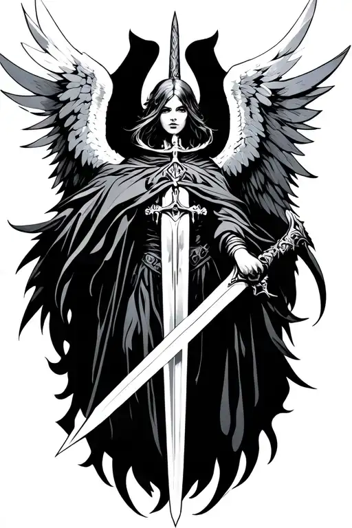 Winged Dark Angel With A Sword Cybersigilism Lines Surrounding