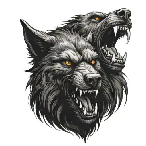 A Detailed Portrait Of A Werewolf And Cerberus In A Black-grey Style