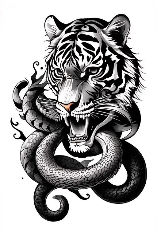 Irezumi Style With A Skeleton Snake And A Tiger