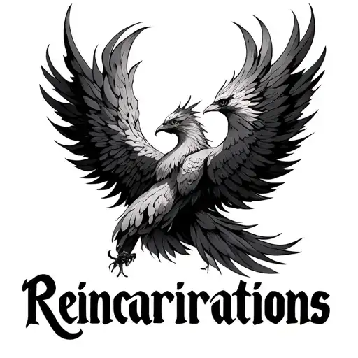 Bold Cursive Lettering Of Reincarnations With Some Sort Of Phoenix Representing It