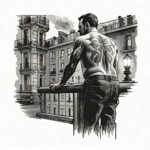 Man On Balcony Of Apartment On Fire Looking At Car At Traffic Light