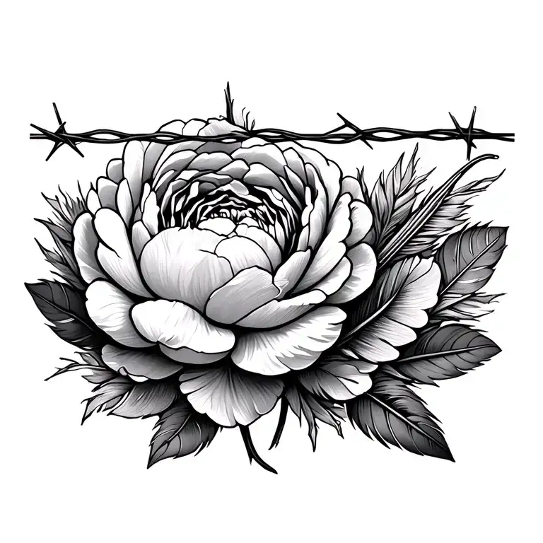 Peonies Barbed Wire And Feather Under Boob