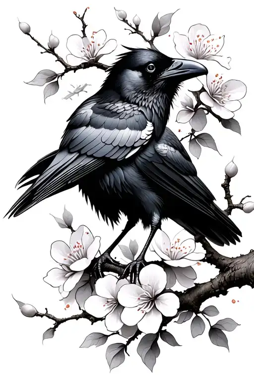 Raven With Cherry Blossom