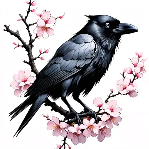 Raven With Cherry Blossom