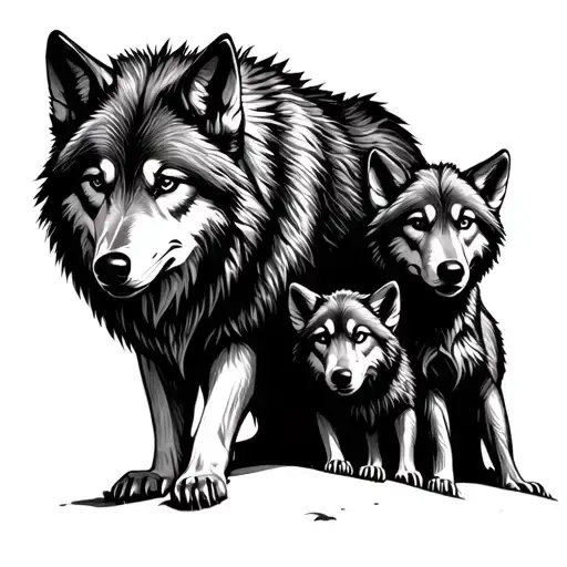 Wolf And Two Cubs