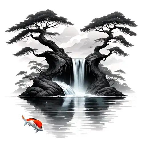 Waterfall With Lake And Koi Fish