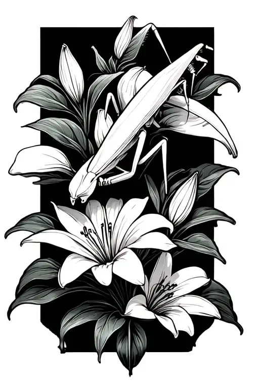 Preying Mantis Sitting On Multiple Lilly Flowers