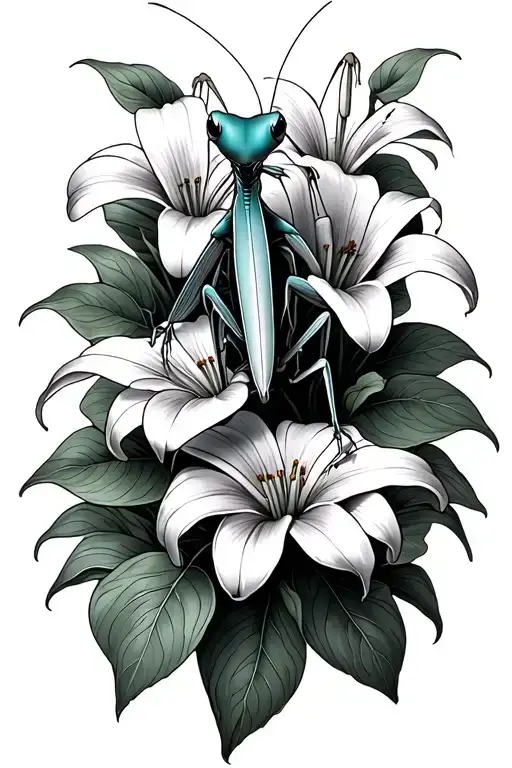 Preying Mantis Sitting On Multiple Lilly Flowers