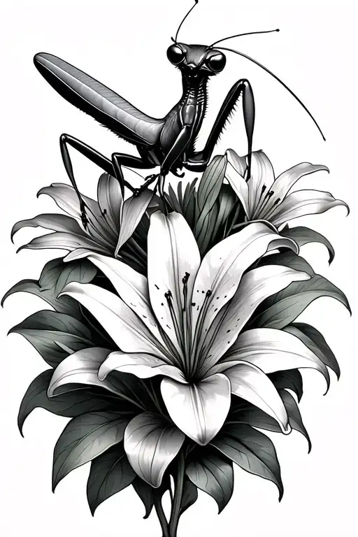 Preying Mantis Sitting On Multiple Lilly Flowers