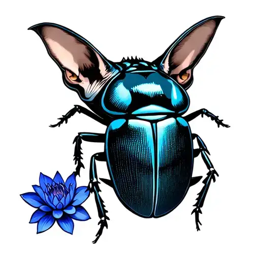 Sphinx Cat Scarab Beetle Blue Lotus Flower