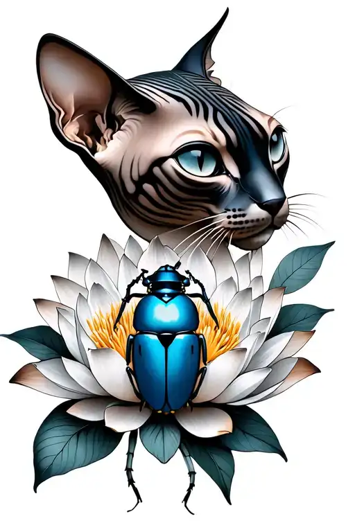 Sphinx Cat Head Blue Lotus Flower Blooming And Scarab Beetle
