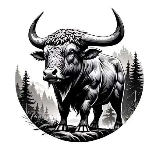 Giant Angey Bull In A Forest Landscape