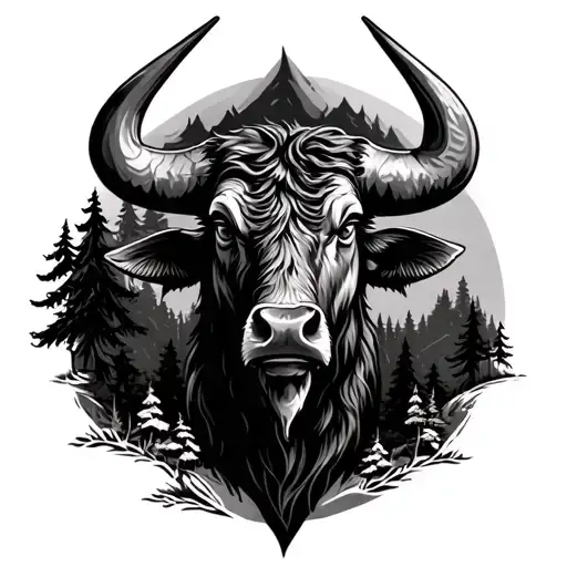 Giant Angey Bull Head In A Forest Landscape