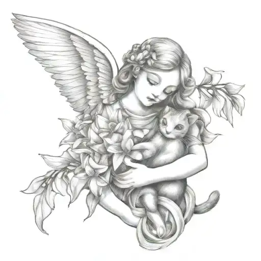 An Angel Holding A Bouquet Of Lilies And Cats