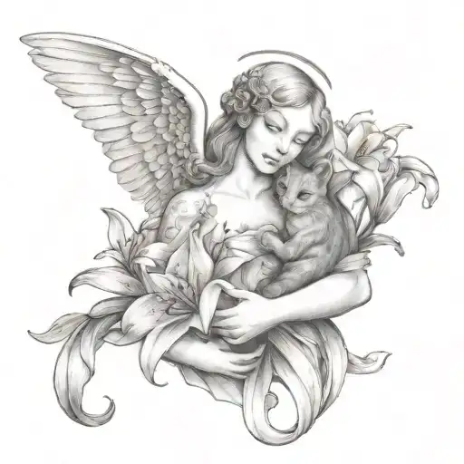 An Angel Holding A Bouquet Of Lilies And Cats