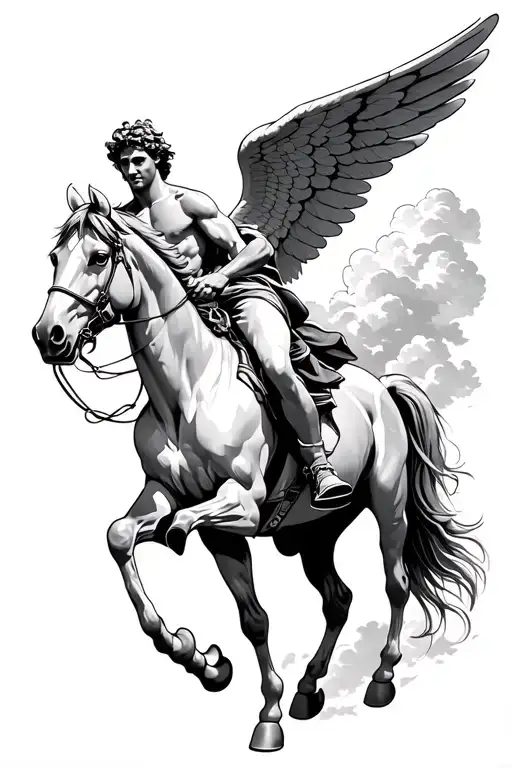 Winged Male Angel On Horse Climbs Into The Sky