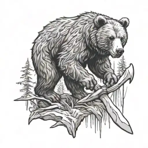 A Detailed Sketch Of A Bear Wielding Perun's Ax In A Forest Setting