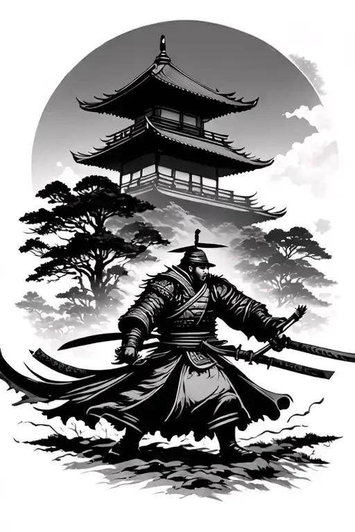 Samurai Passing Through A Forest And In The Background A Pagoda Temple