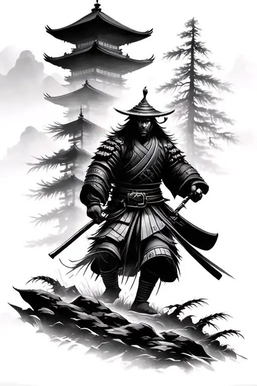 Samurai Passing Through A Forest And A Pagoda In The Background