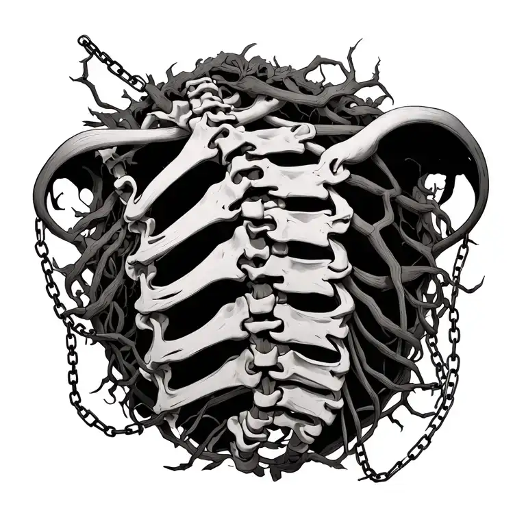 A Human Spine With Vines Going Up And Down With Chains Holding It Down