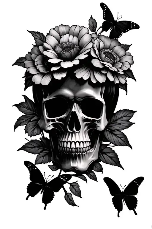 Skull And Butterflies With Flowers