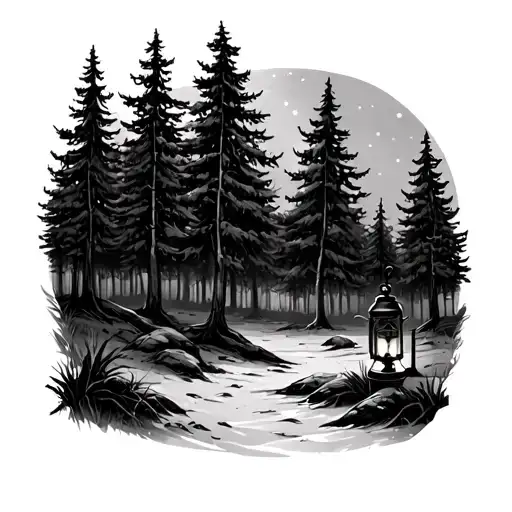 A Clearing In A Fir Forest With A Single Hand Lantern In The Foreground