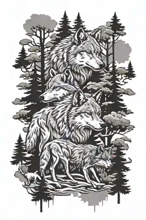 Wolf Pack In The Forest Trees Background Looking