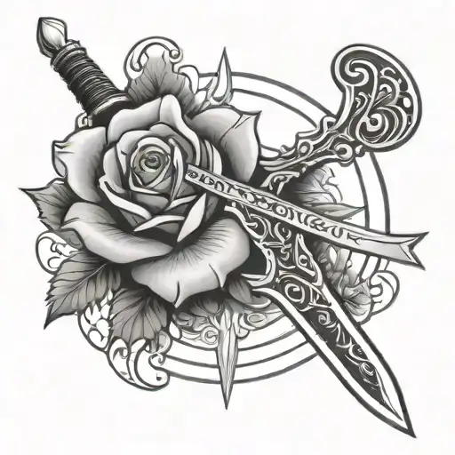 Tattoo Of A Sword With A Rose Surrounded By A Magic Circle