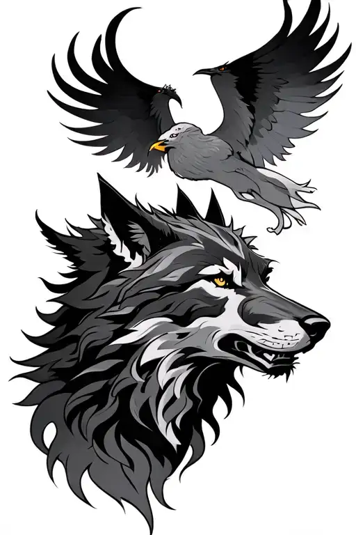 Fenrir Wolf With Phoenix Rising From Flames