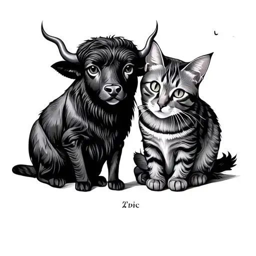 Minimalist Zodiac Signs For Buffalo And Cat Sitting Together