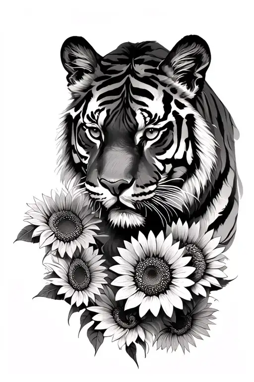 Tiger And Sunflowers