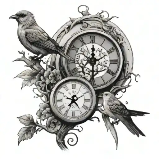 Tree And Birds And Clock