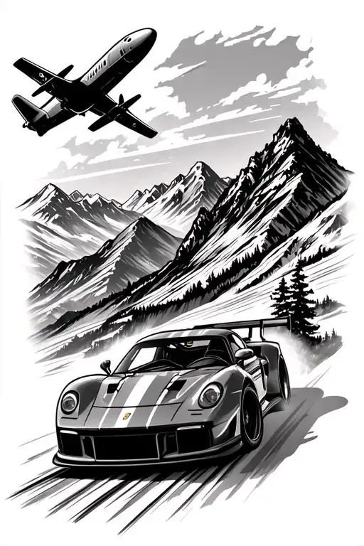 An Adventurous Sports Car Driving Through A Mountain Range With A Airplane Flying In The Background