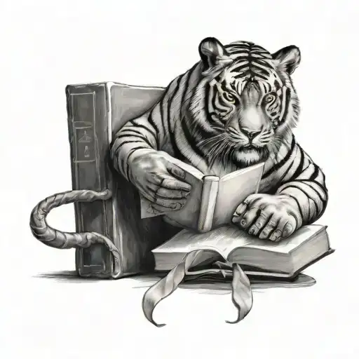 A Tiger Reading A Book In A Library Surrounded By Boxing Gloves