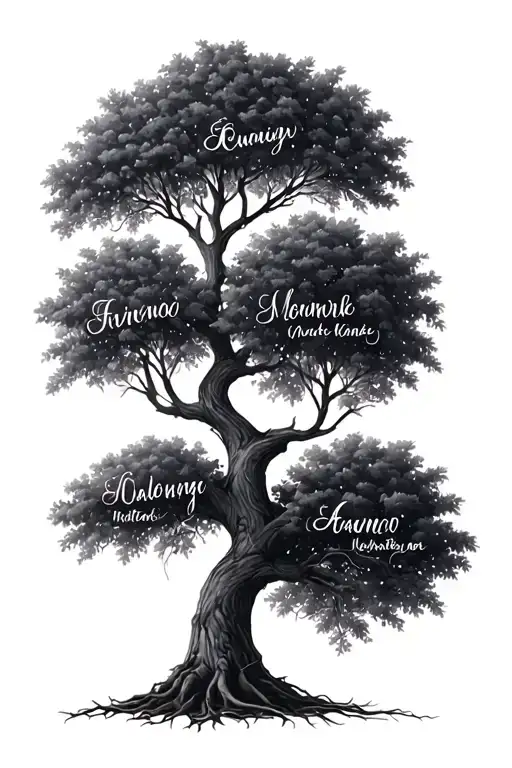 Family Tree With Names Written Inside And Roots Running Down