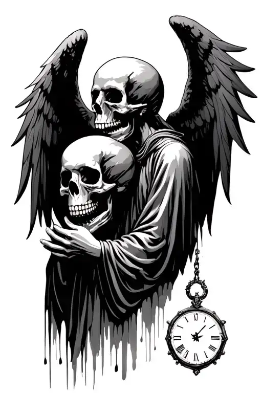 Angel Of Death Holding Skull Profile With Clockface In Background
