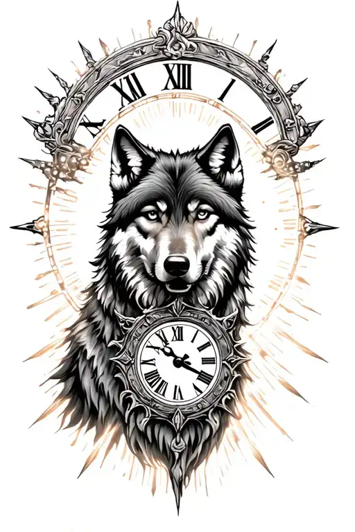 Tattoo With A Wolf With A Roman Clock Around It Luminous Points Of Small