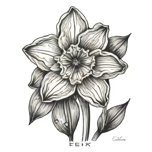 Fine Line Tattoo Of A Narcissus Flower With The Name Felix As The Stem