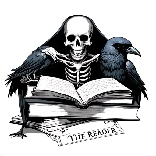 A Skeleton Reading If With A Stack Of Books And A Crow Tarot Card Named The Reader