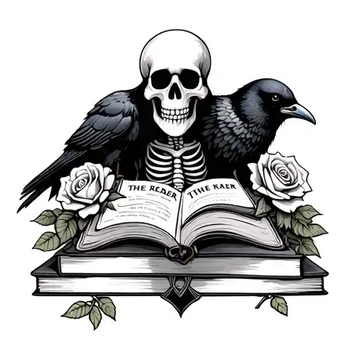 A Skeleton Reading If With A Stack Of Books And A Crow Tarot Card Named The Reader With Roses