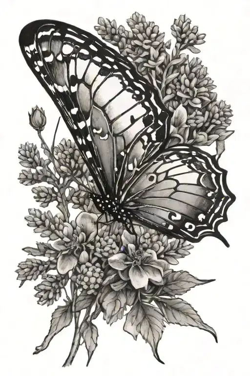 A Butterfly In Profile On A Lavender Branch In Black And White